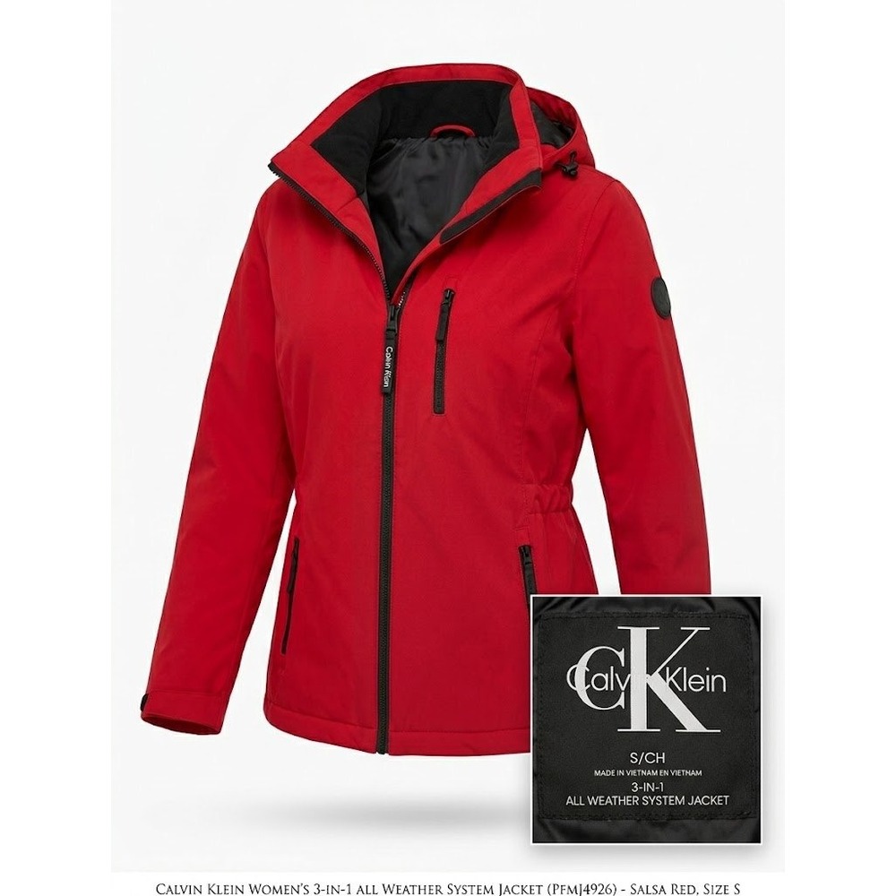 Calvin Klein Womens 3-in-1 All Weather System Jacket Salsa Red PFMJ4926 Small